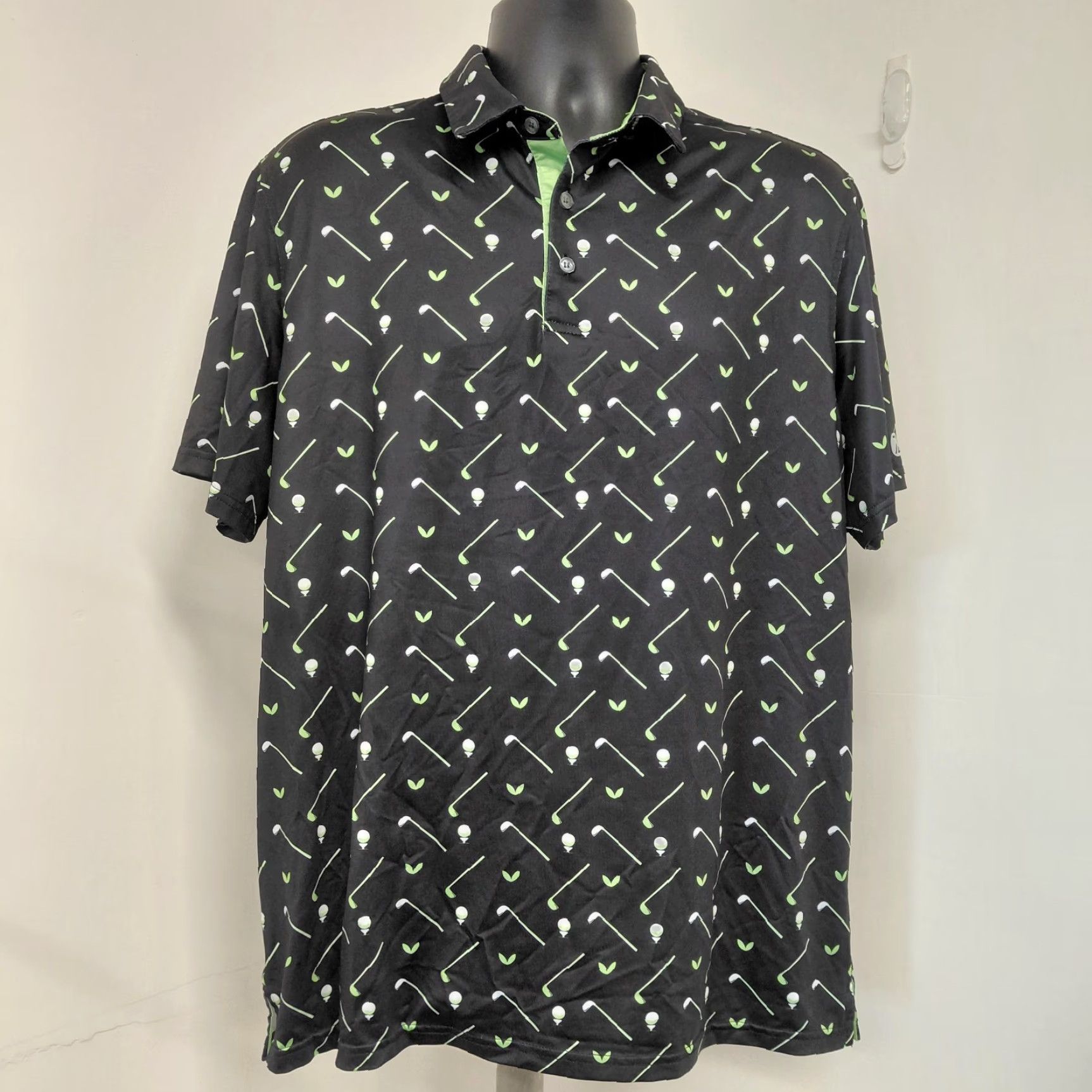 Vintage SR Speed Your Run Composition Golf Polo Mens XL Black All Over Print Clubs/Balls Short Sleeve Polo Size US XL / EU 56 / 4 - 2 Thumbnail