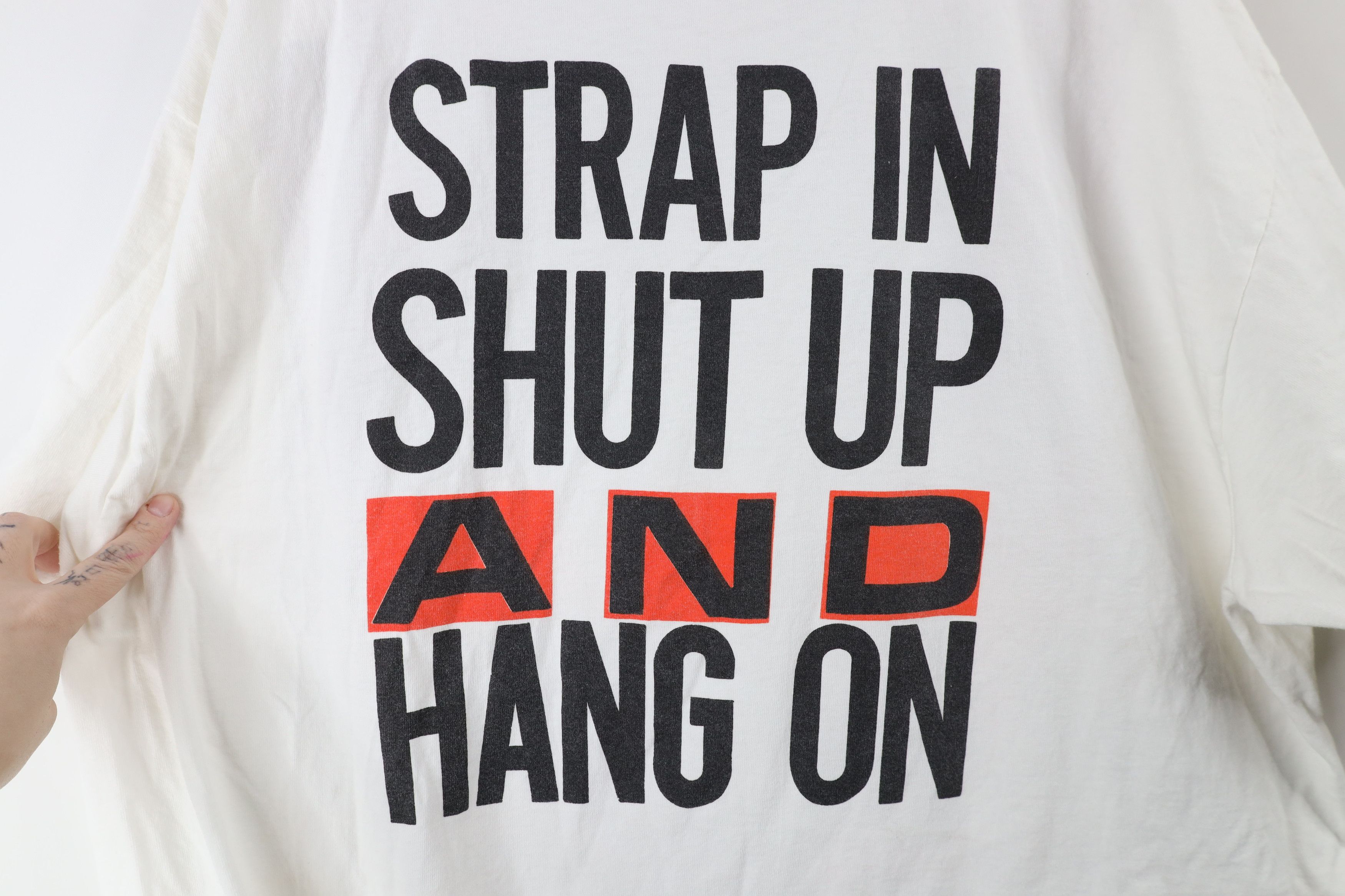 Vintage Vintage 90s Print Strap In Shut Up And Hang On T-Shirt USA Size US XXL / EU 58 / 5 - 10 Thumbnail