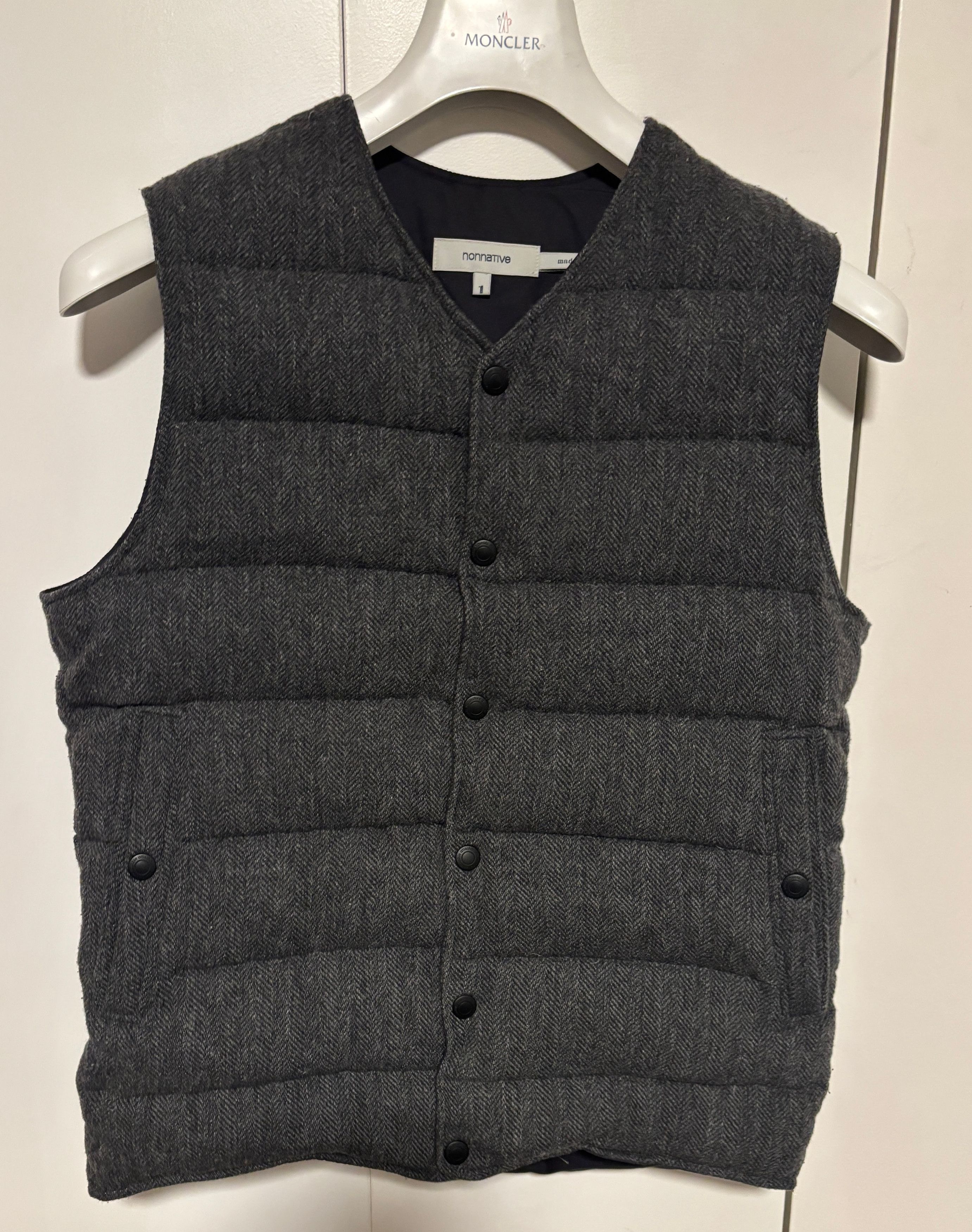 Grey Snap Button Herringbone Wool Down Vest Size 1