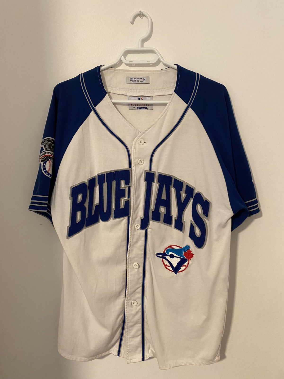 Toronto Blue Jays Starter Blue Grey button jersey shirt men L Vtg