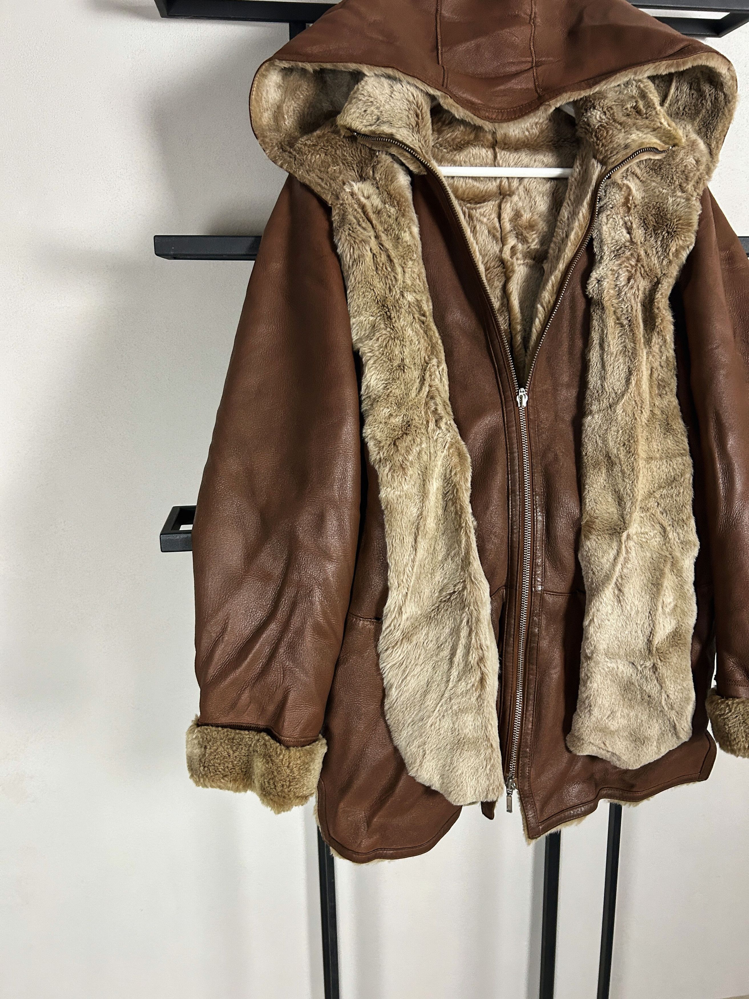 Japanese Brand Leather Shearling Jacket Brown Hooded Biker Y2K Grunge Core Size US S / EU 44-46 / 1 - 2 Thumbnail
