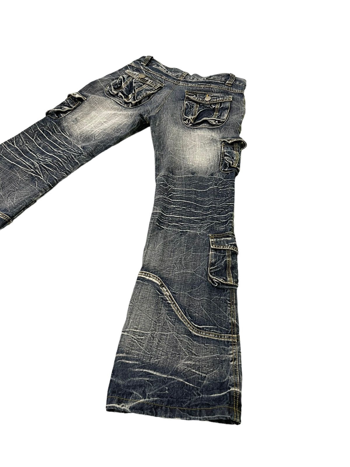 Japanese Brand Flare Jeans Cargo Topism Distress Acid Wash Boot Cut 7🟦4 Size US 33 - 14 Thumbnail
