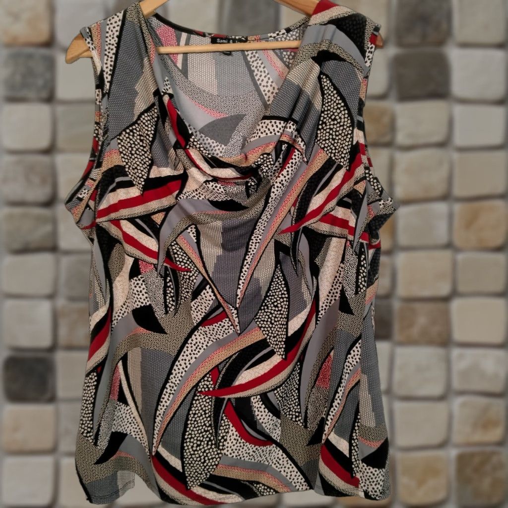 Vintage Vintage Sami & Jo Shirt XL Sleeveless Cowl Neck Geometric Abstract Artsy Textured Print Stained Glass Look Y2K Size XL / US 12-14 / IT 48-50 - 1 Thumbnail