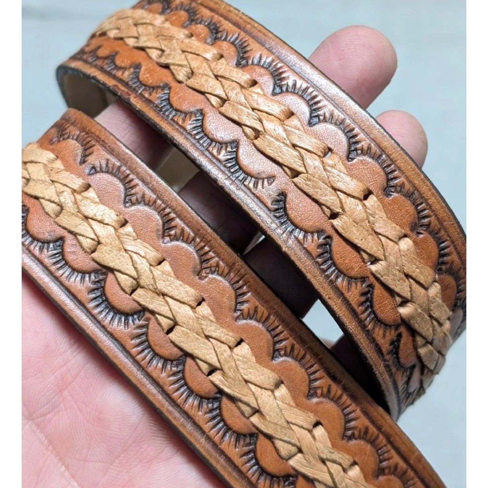 Vintage VINTAGE handcrafted western belt for Men 34 brown cowhide leather Tooled Braided buckle belt 1-3/8" width Size 34 - 2 Thumbnail