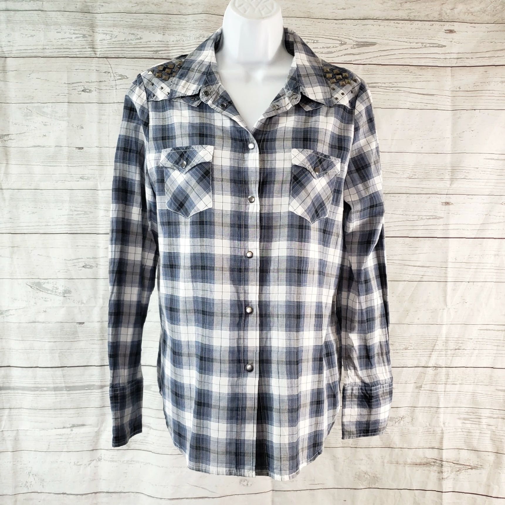 Roper Roper Womens Shirt M Blue Gray Plaid Snaps Studded Long Sleeve Button-Up Casual Womens Size M / US 6-8 / IT 42-44 - 2 Thumbnail