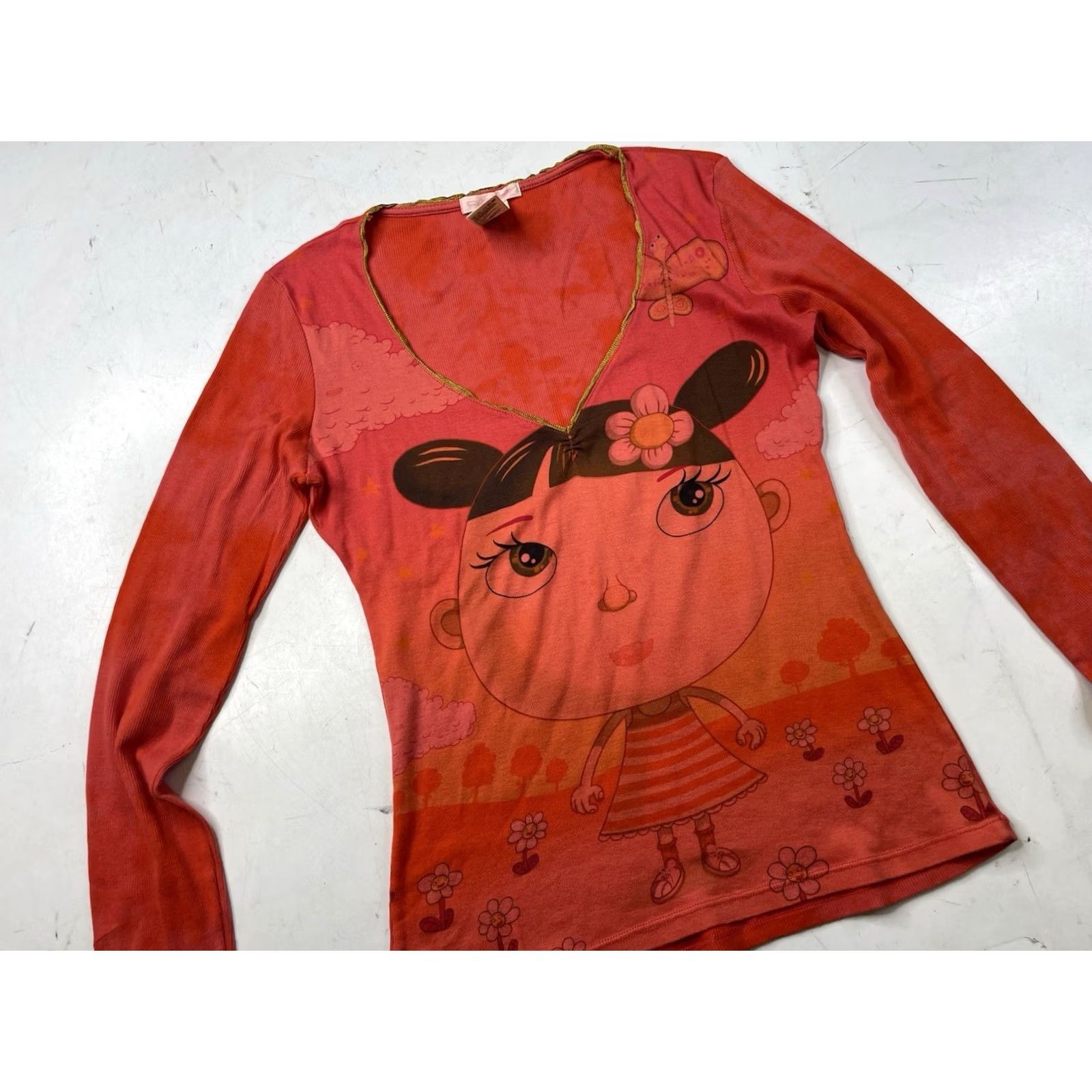 Custo Barcelona VINTAGE Custo Barcelona T-Shirt Shirt Womens 4 Orange Red Cartoon Girl Long Sleeve Slim Cropped 90s Y2k Art Theme Womens Size S / US 4 / IT 40 - 2 Thumbnail