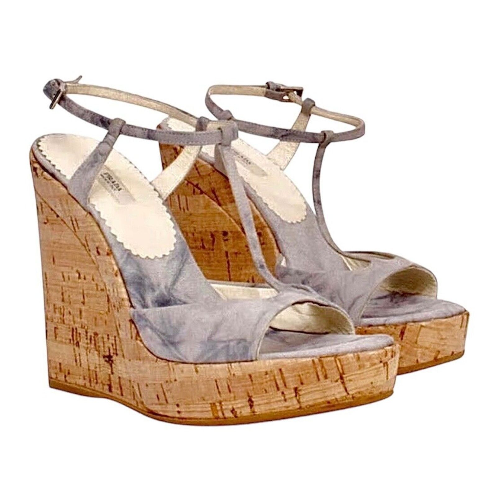 Prada Prada Blue Suede Tan Cork Wedge Sandals Ankle Espadrilles 38 Size US 8 / IT 38 - 13 Thumbnail