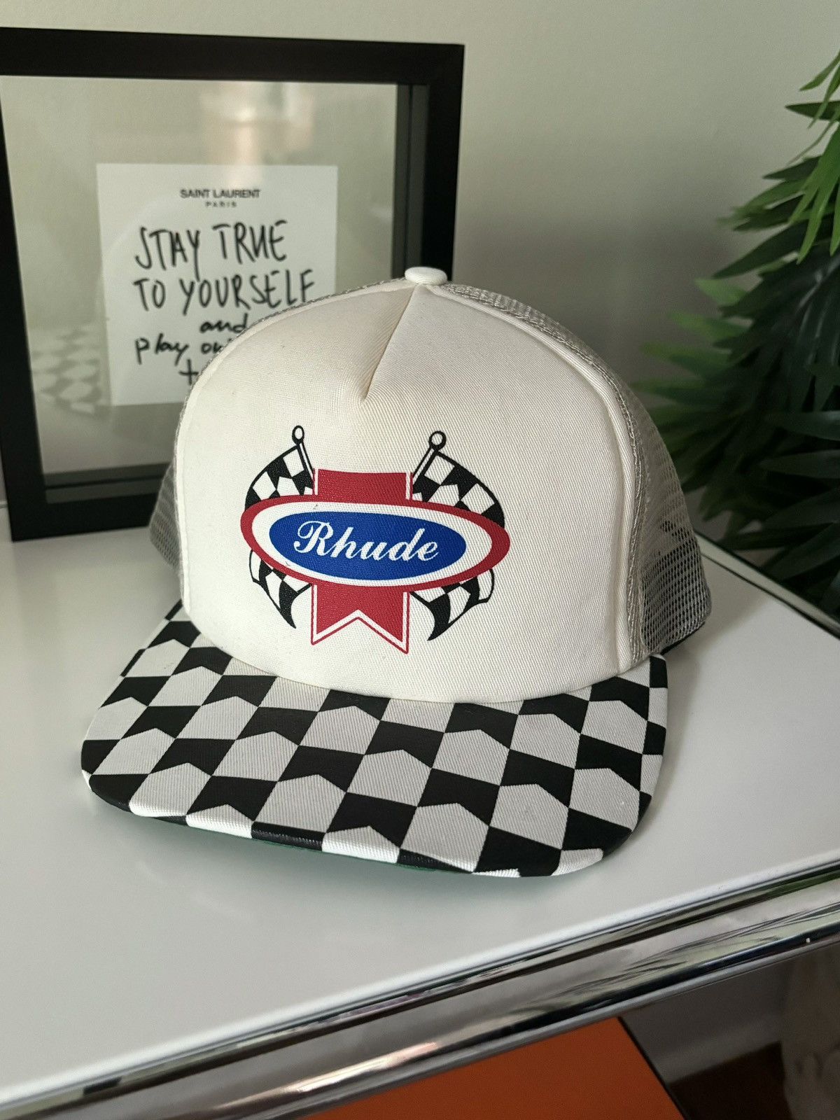 image of Rhude “Pit Stop Checkered” Hat in Cream, Men's