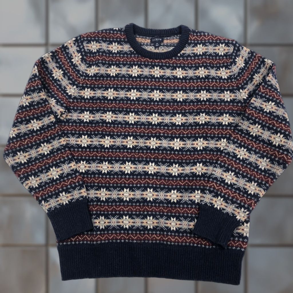 J.Crew J.CREW Men's M Fair Isle Wool Blend Crew Neck Sweater Navy Red Tan Knit Size US M / EU 48-50 / 2 - 1 Thumbnail