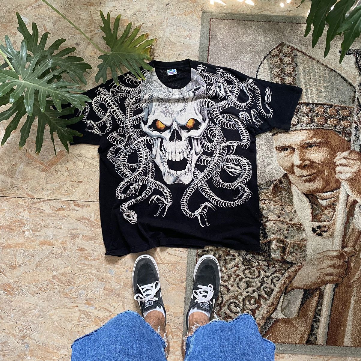 image of 1993 Liquid Blue Medusa Skull Faded T Shirt in Faded Black, Men's (Size XL)