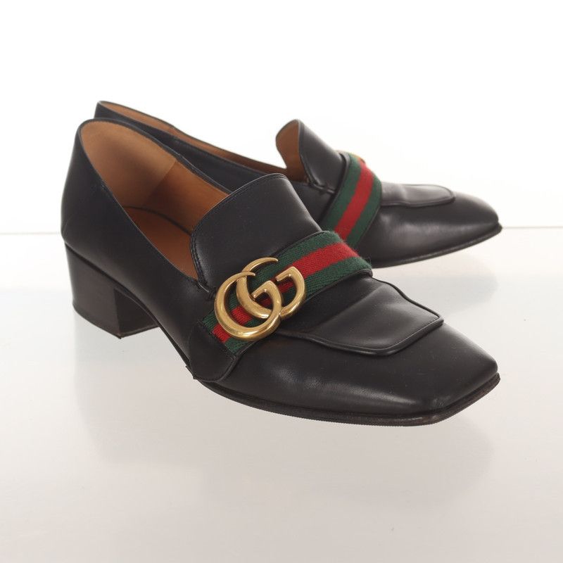 Gucci Gucci Black Leather Mid-Heel Loafers 0079 Size US 5.5 / EU 38 - 1 Thumbnail