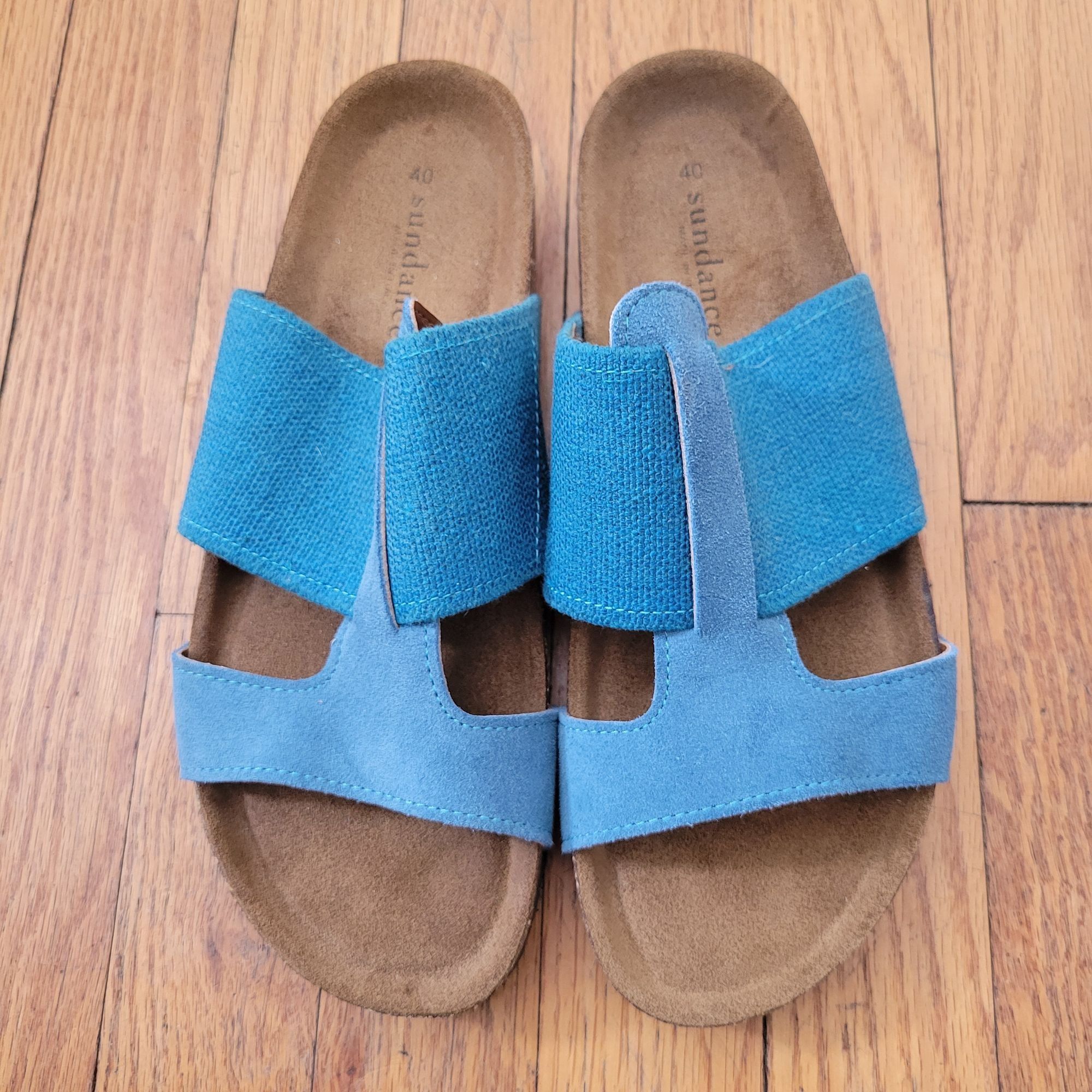 Vintage Sundance 9 9.5 Blue Leather Canvas Sandals Cork Insole 40 Op Size US 10 / IT 40 - 2 Thumbnail