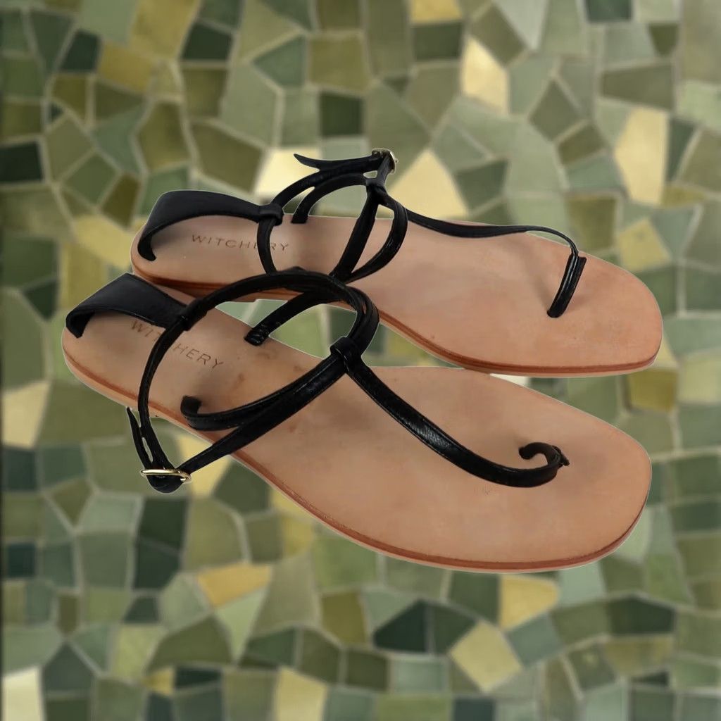 Vintage Witchery Black Leather T-Strap Thong Sandals US 5.5 Women Flat Casual Bohemian 36 History 5.5 Women Size US 6 / IT 36 - 1 Thumbnail