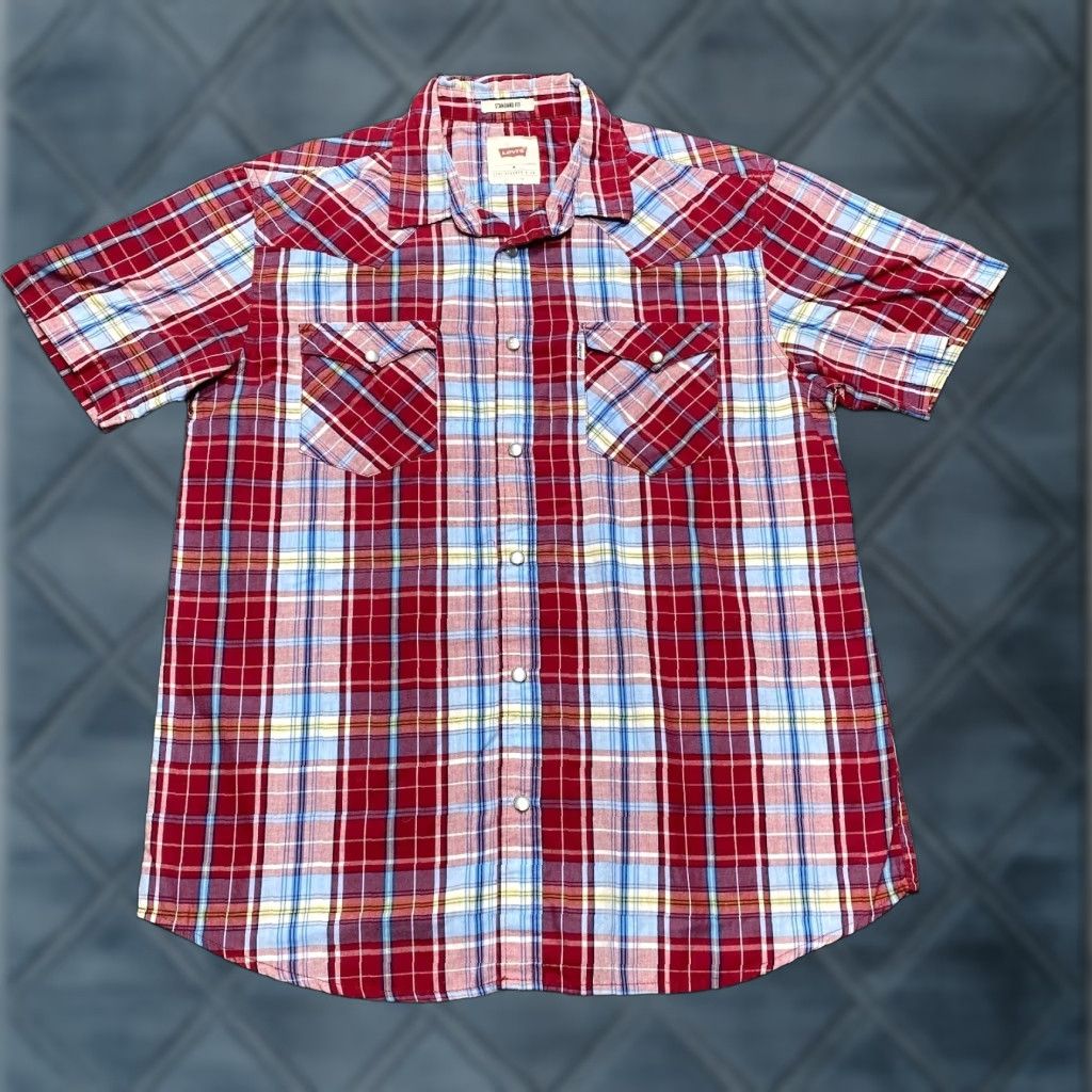 Levi's Levis Shirt Men M Red Plaid Pearl Snap Western Cowboy Flap Pocket Button-Up Short Sleeve Crew Neck Collared Size US M / EU 48-50 / 2 - 1 Thumbnail