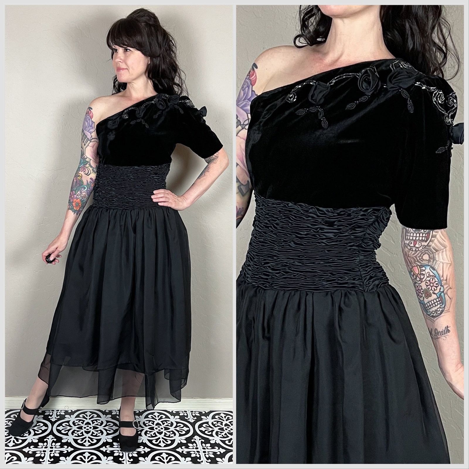 Vintage Vintage 1960s Black Velvet One Shoulder Beaded Midi Dress Size S / US 4 / IT 40 - 1 Thumbnail