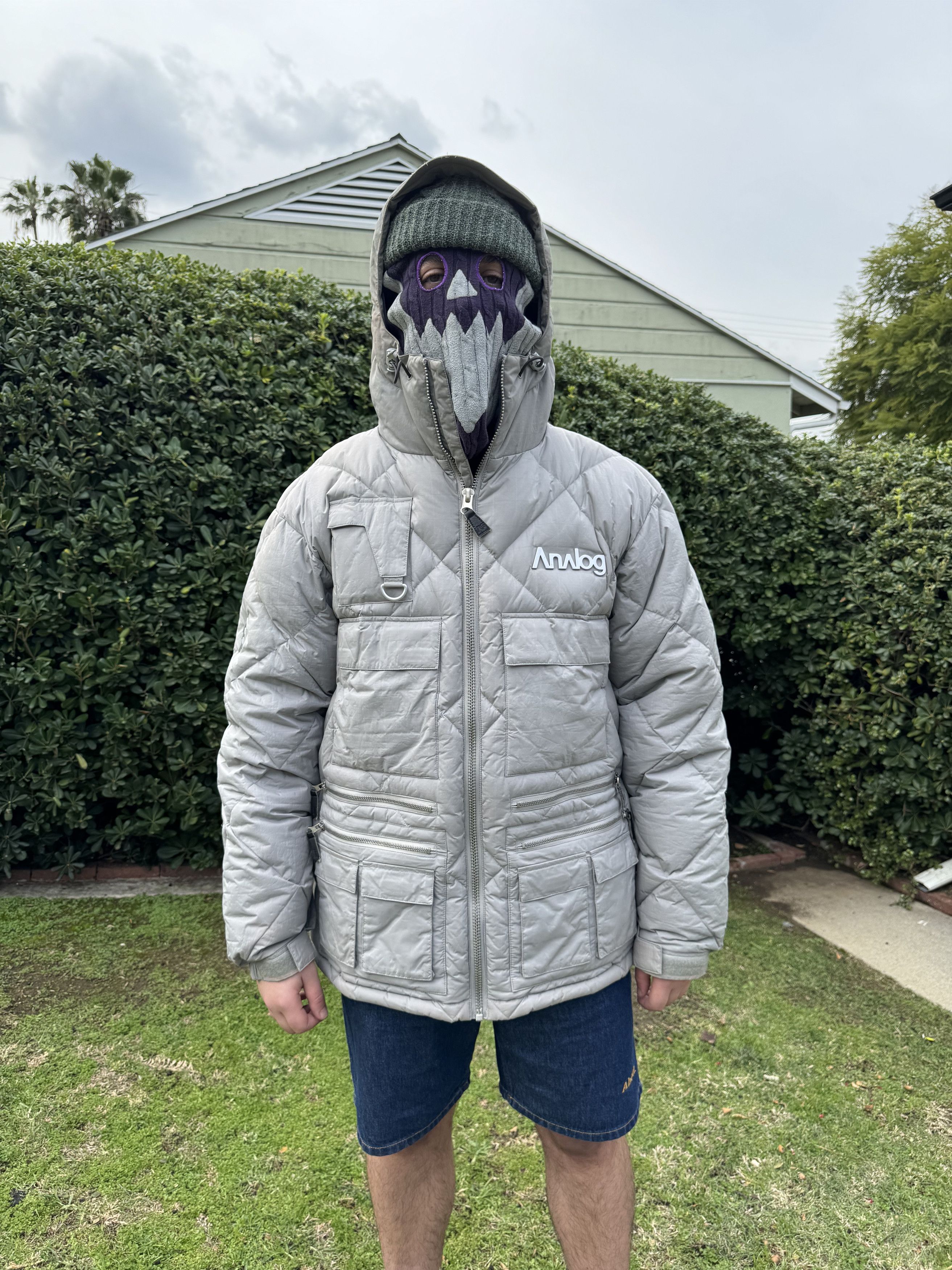 image of Analog Diamond Stitch Multi-Pocket Puffer Jacket in Grey, Men's (Size Large)