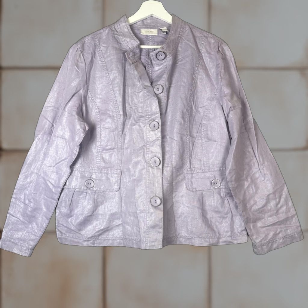 Vintage Chico's Jacket Linen Blend Button Down Lavender Purple Metallic Sheen Pockets Womens Size 2 Regular Boys? Size XS / US 0-2 / IT 36-38 - 1 Thumbnail