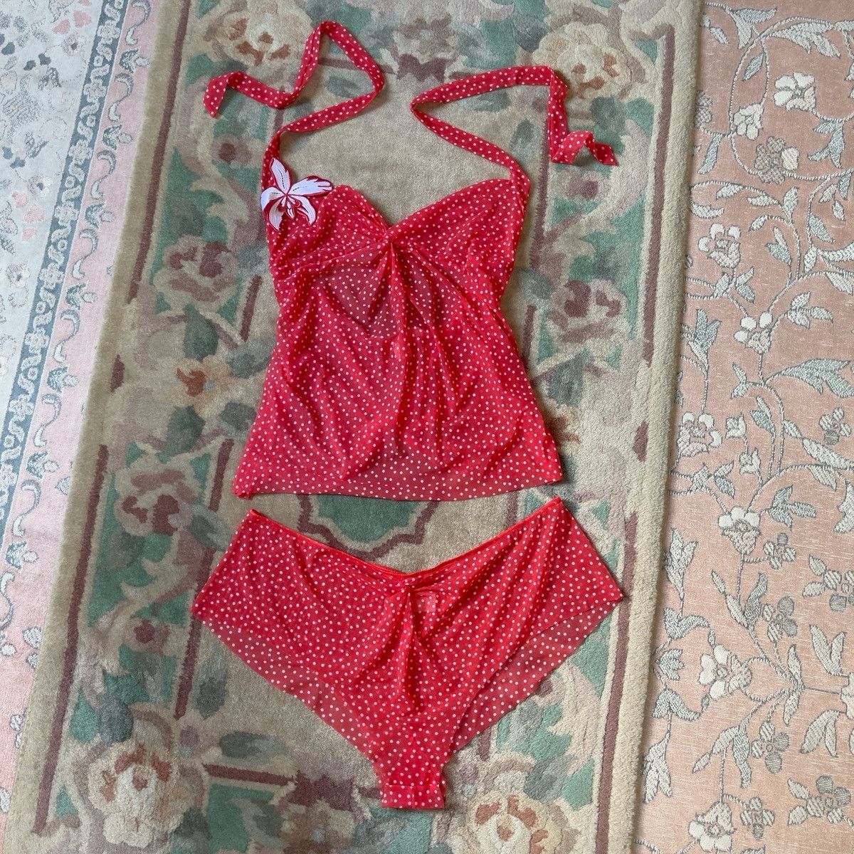 Victoria's Secret Victoria’s Secret Red Polka Dot Sheer Babydoll Set (L) Size L / US 10 / IT 46 - 1 Thumbnail