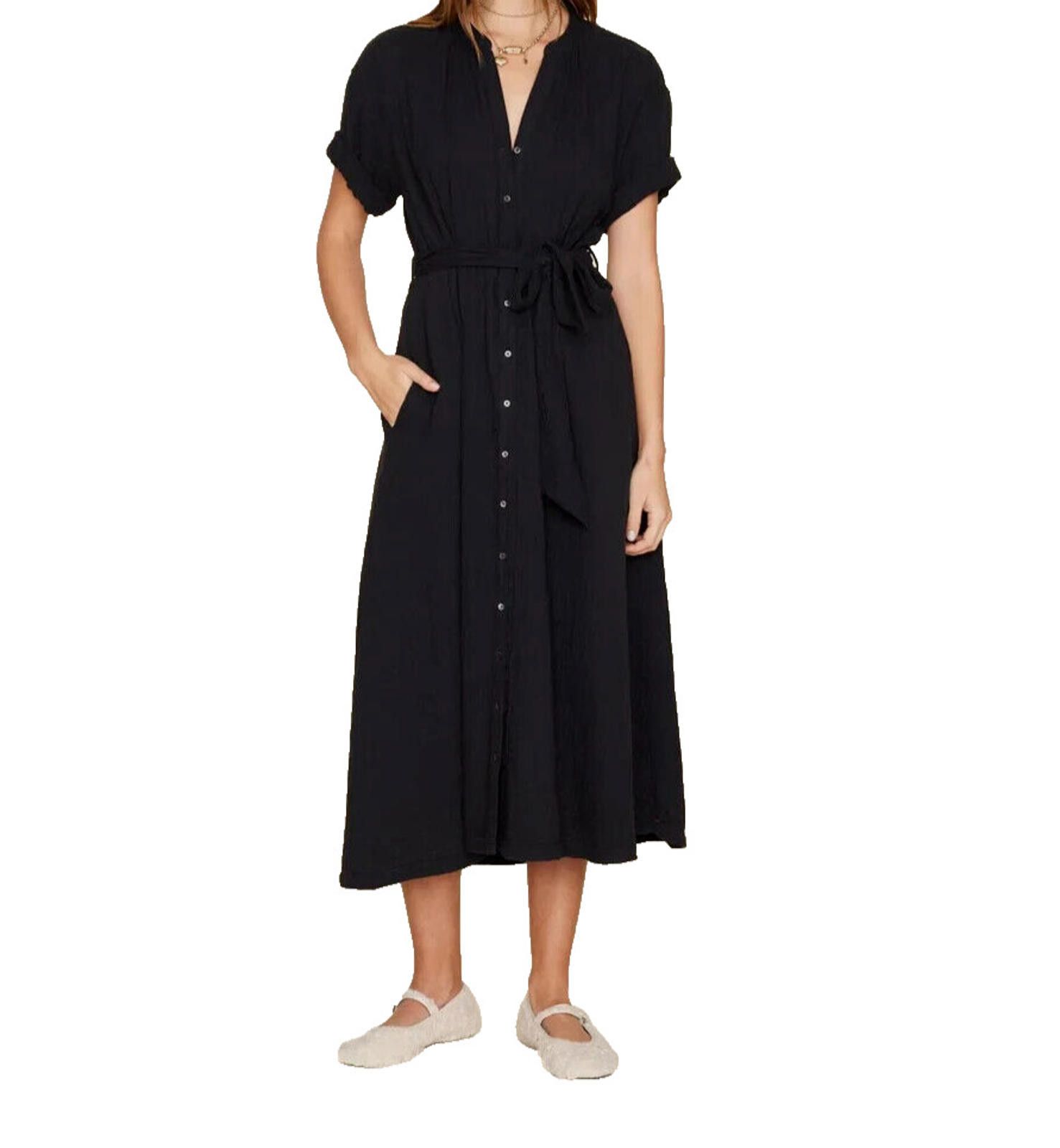 Designer Xirena Women Small Black Cate Midi Dress Belted Cotton Maxi Size S / US 4 / IT 40 - 2 Thumbnail