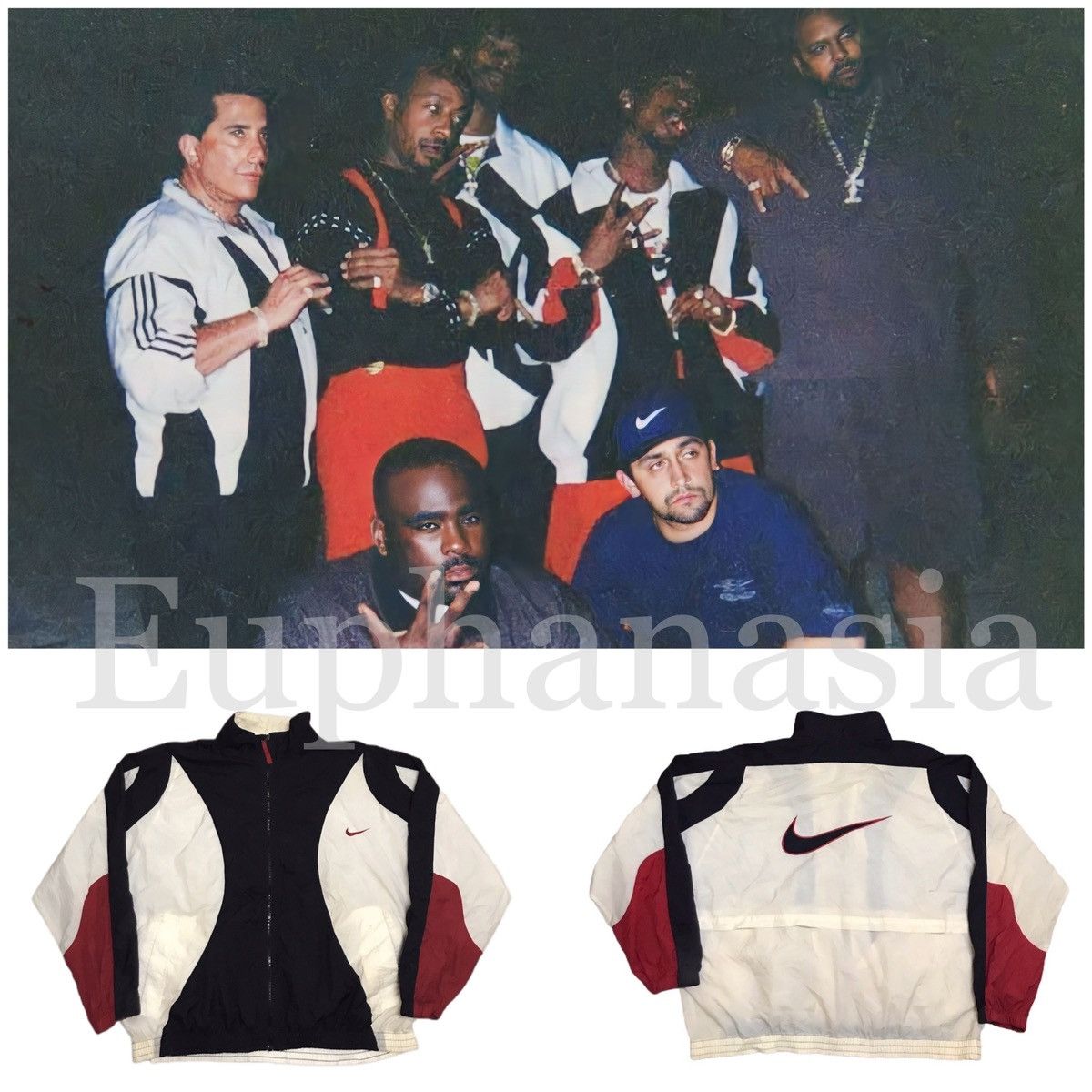 image of Nike Windbreaker Jacket Style Worn By 2Pac Vintage 90's in Black/White/Red, Men's (Size Large)
