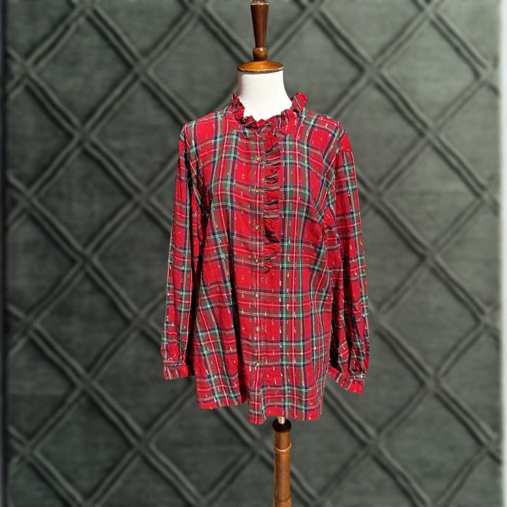 Talbots Talbots Button Up Shirt XL Red White Plaid Shimmer Ruffle Long Sleeves Woman Regular Sleeves Button-Up Casual Holiday Colorful Canvas? Size XL / US 12-14 / IT 48-50 - 1 Thumbnail