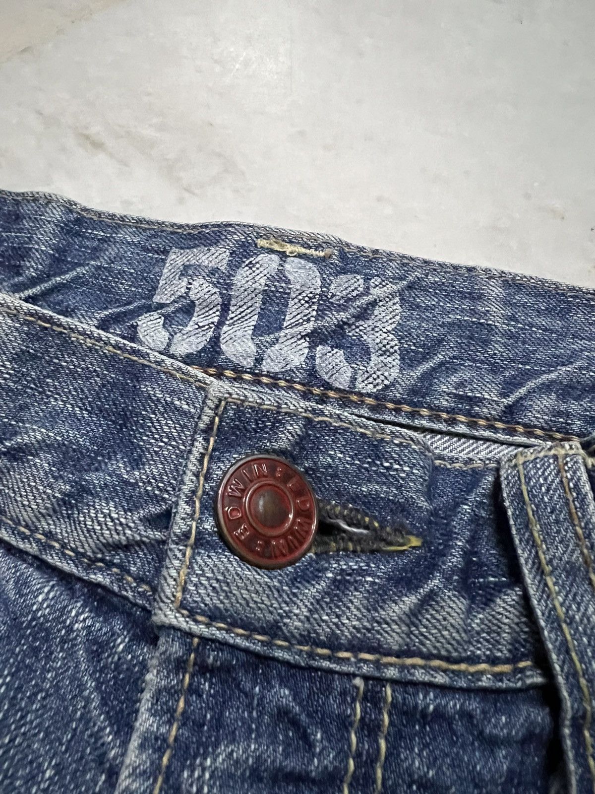 Edwin × Japanese Brand 💥Flare💥Edwin 503 Blue Trip Faded Distressed Jean Size US 30 / EU 46 - 10 Thumbnail