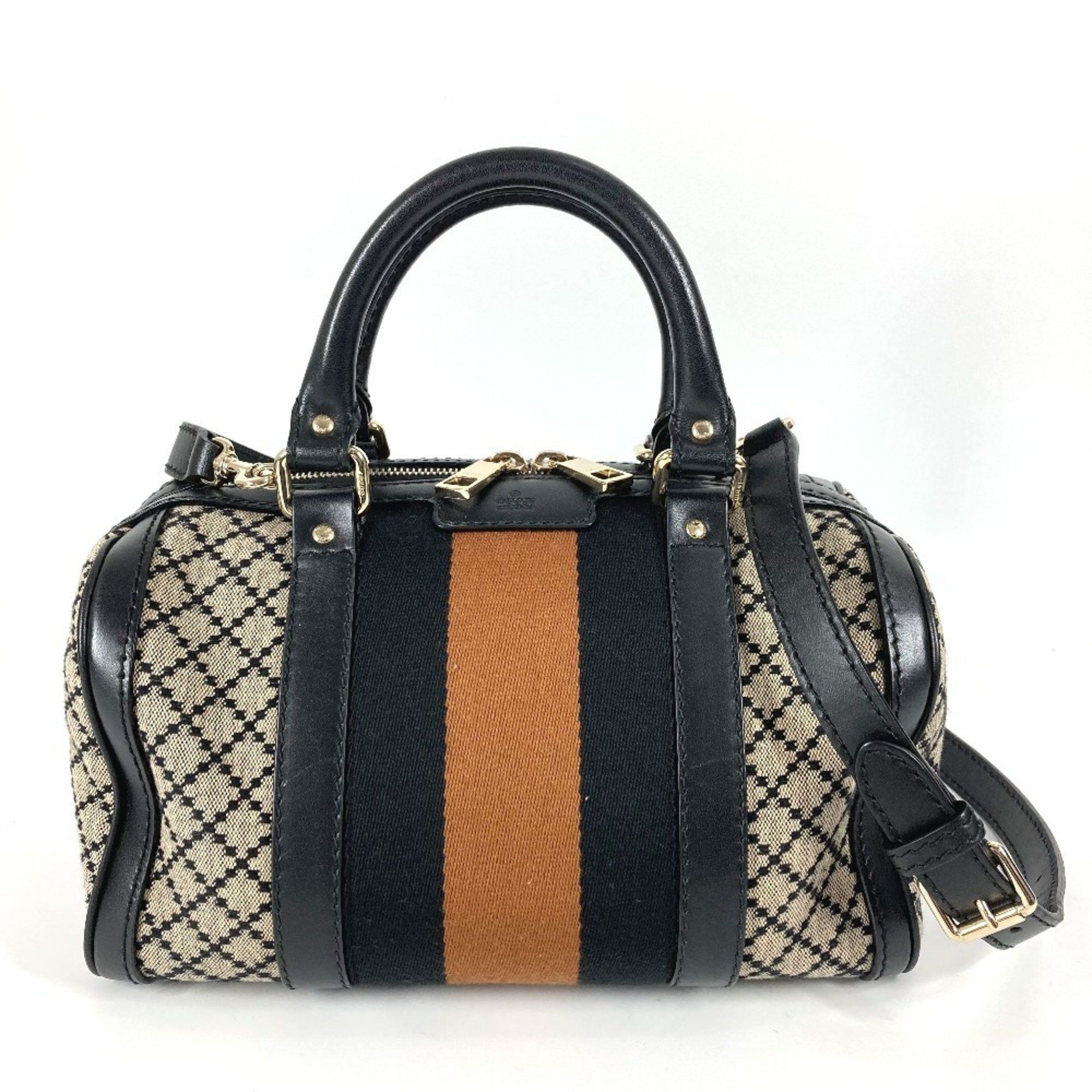 Gucci Stripe Logo 2Way Bag Handbag Mini Boston Sherry Line Shoulder Leather Canvas Women's Navy in Blue