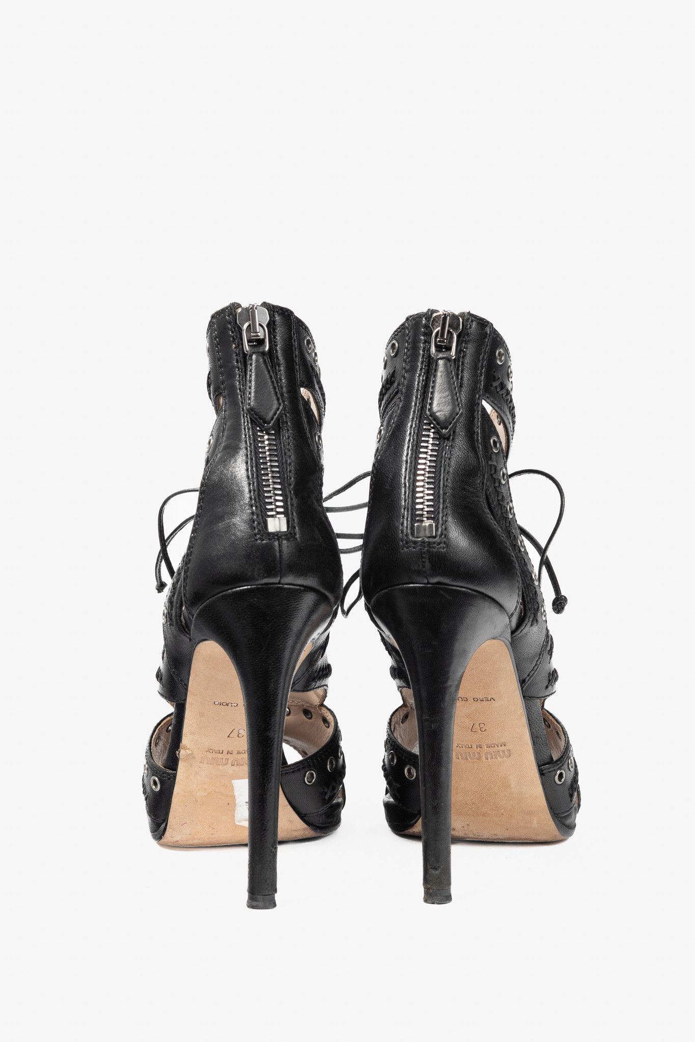 Miu Miu Miu Miu Black Leather Grommet Lace-Up Sandals Size US 6.5 / IT 36.5 - 3 Thumbnail