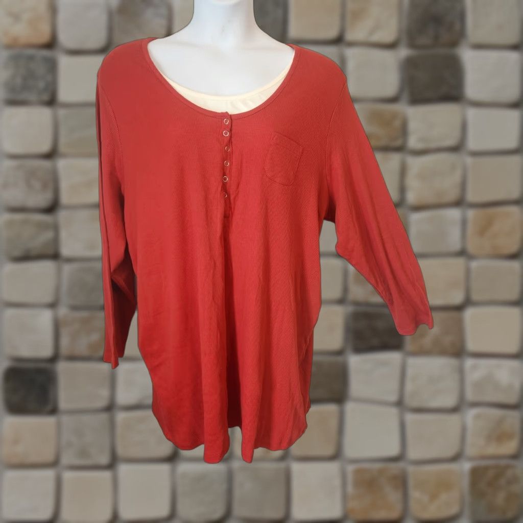 Vintage VINTAGE: No (omit) Woman Within Rust Orange Layered Look Henley Ribbed Tunic Top 4X Size XXL / US 16-18 / IT 52-54 - 1 Thumbnail