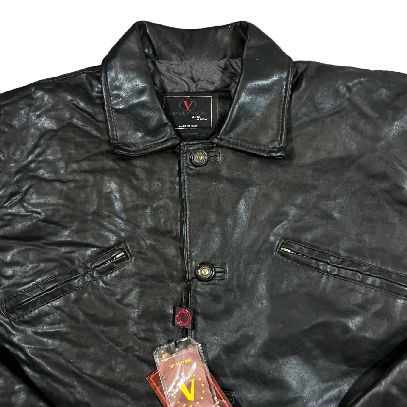 Vintage VINTAGE VINCENT & CO. ALTA MODA Jacket Mens XL Black Faux Leather Bomber Jacket Button Pockets 27.5" Pit 33.5" Length 25.5" Cuffed Size US XL / EU 56 / 4 - 3 Thumbnail