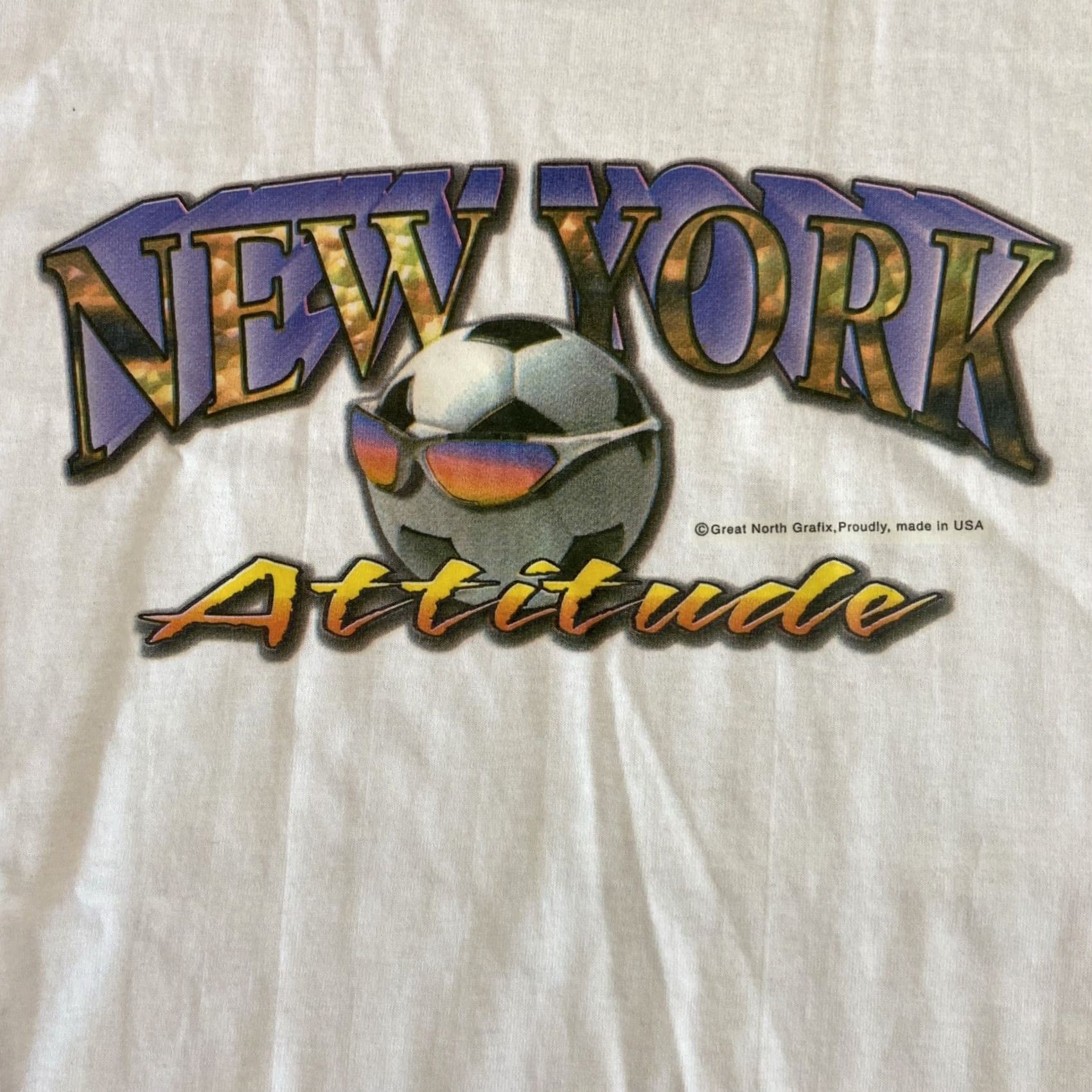 Jerzees VINTAGE 90s Y2K Shirt M New York Attitude Soccer Ball T Shirt White Nike Shirt Long-Form? Size US XL / EU 56 / 4 - 2 Thumbnail
