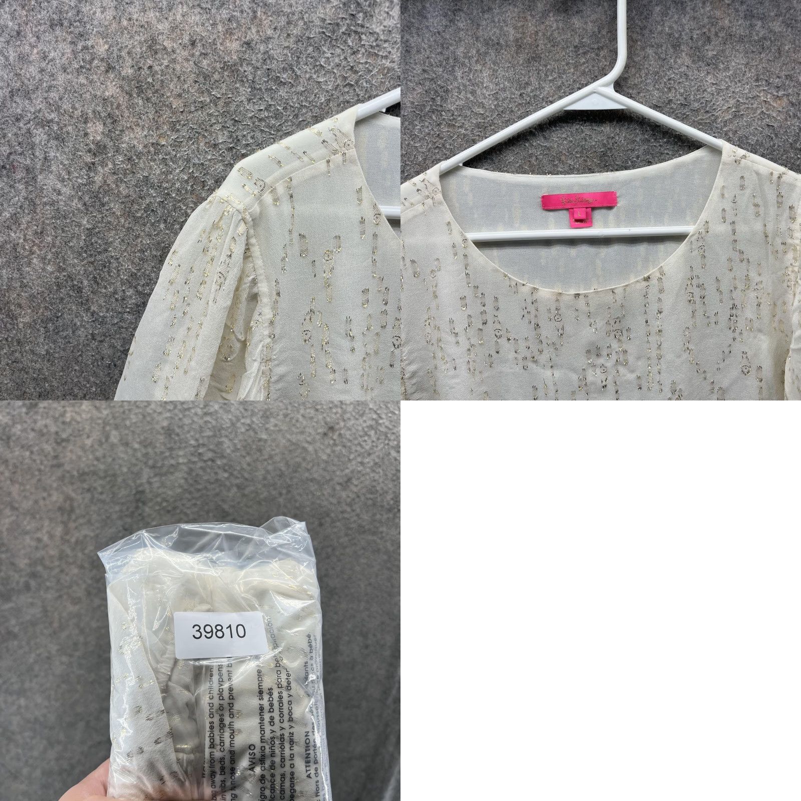 Lilly Pulitzer Lilly Pulitzer Blouse Womens Large White Metallic Silk Blend Long Sleeve Top Size L / US 10 / IT 46 - 8 Thumbnail