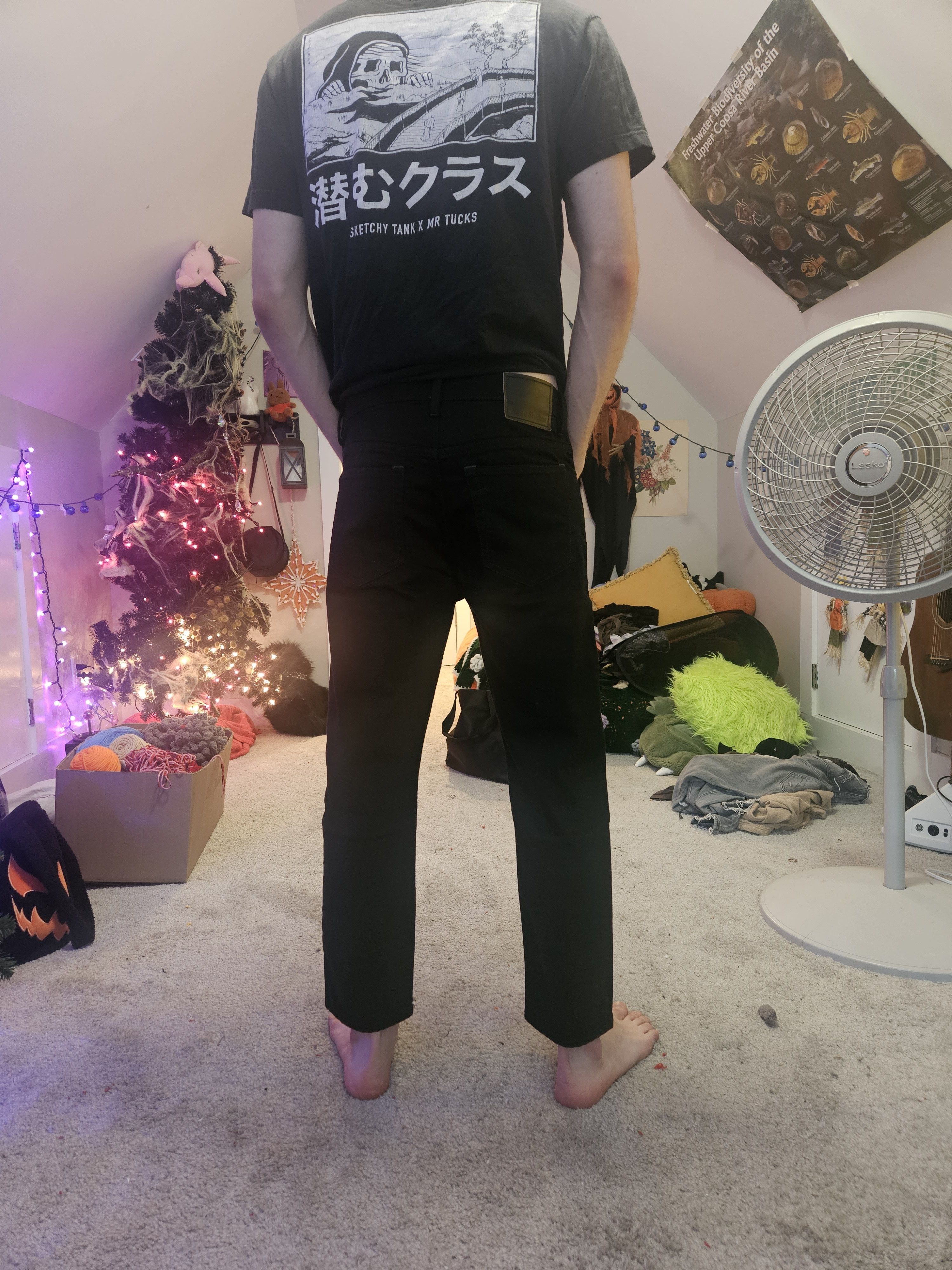 Acne Studios River Stay Black Leather Back Patch Denim Jeans Size US 31 - 10 Thumbnail