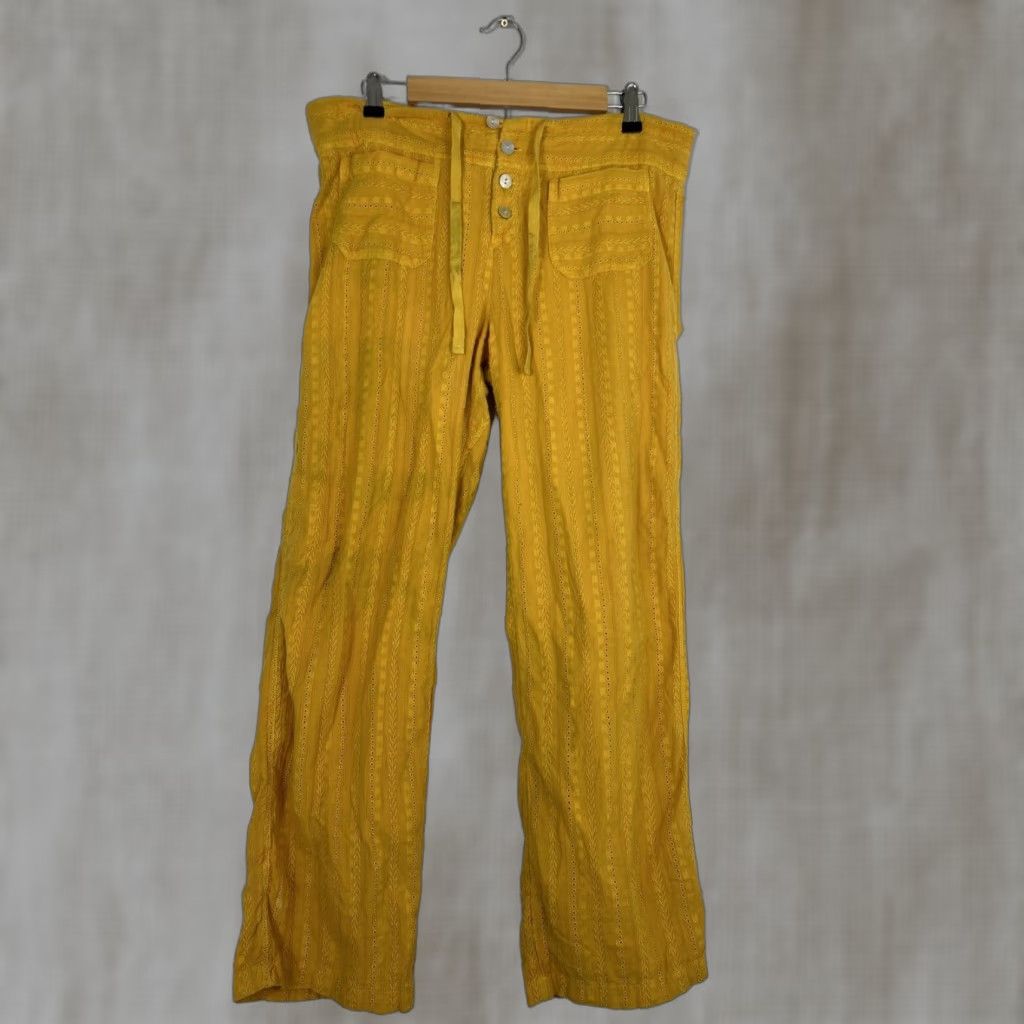 Vintage Sundance Womens Pants Medium Yellow Eyelet Patch Pocket Wide-Leg Stains Chambray Cotton Baggy Casual Spring Summer Size 32" / US 10 / IT 46 - 1 Thumbnail