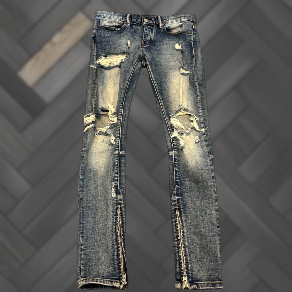 MNML MNML Jeans Men’s 30 (32x34) Distressed Ripped Slim Button Fly Zipper Ankle Blue Shirt Size US 30 / EU 46 - 1 Thumbnail