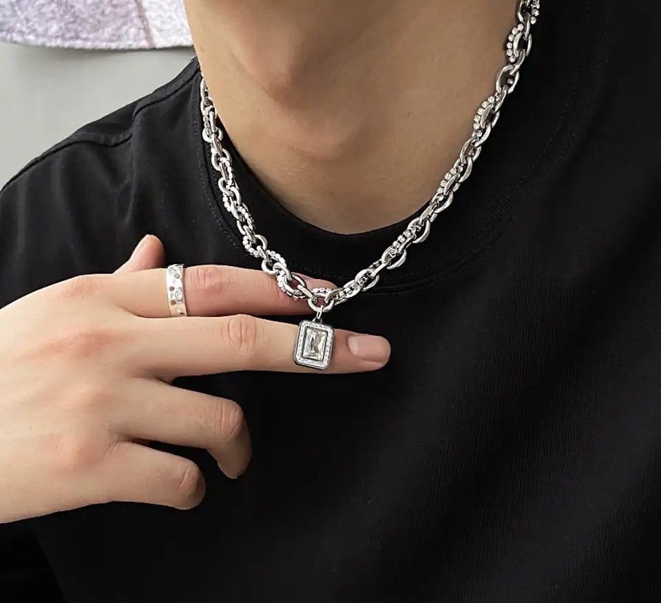Jewelry × Vintage Hip Hop Square Zircon Necklace Titanium Steel Pendant Size ONE SIZE - 2 Thumbnail