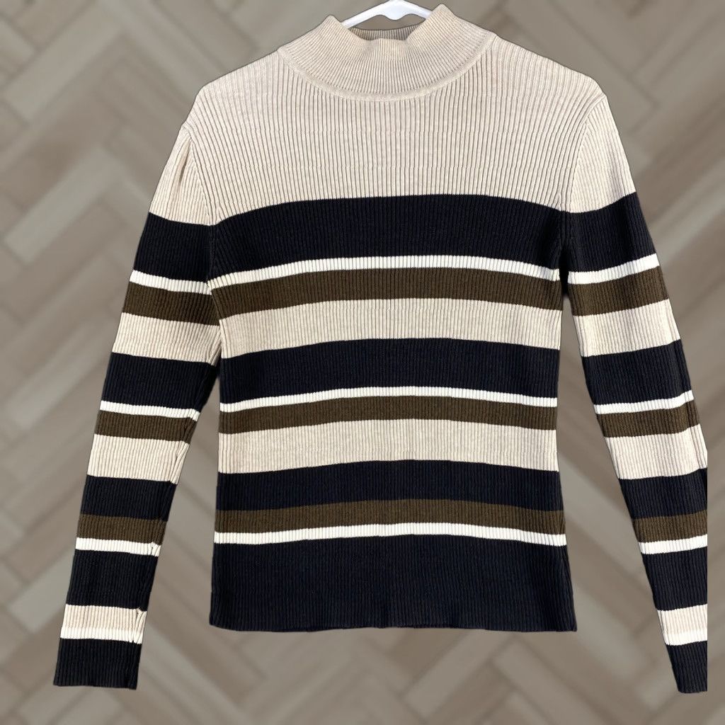 Croft & Barrow Croft & Barrow Women's Sweater Pullover Size M Tan & Cream Cotton Waffle-Knit High Neck Long Sleeve Size M / US 6-8 / IT 42-44 - 1 Thumbnail