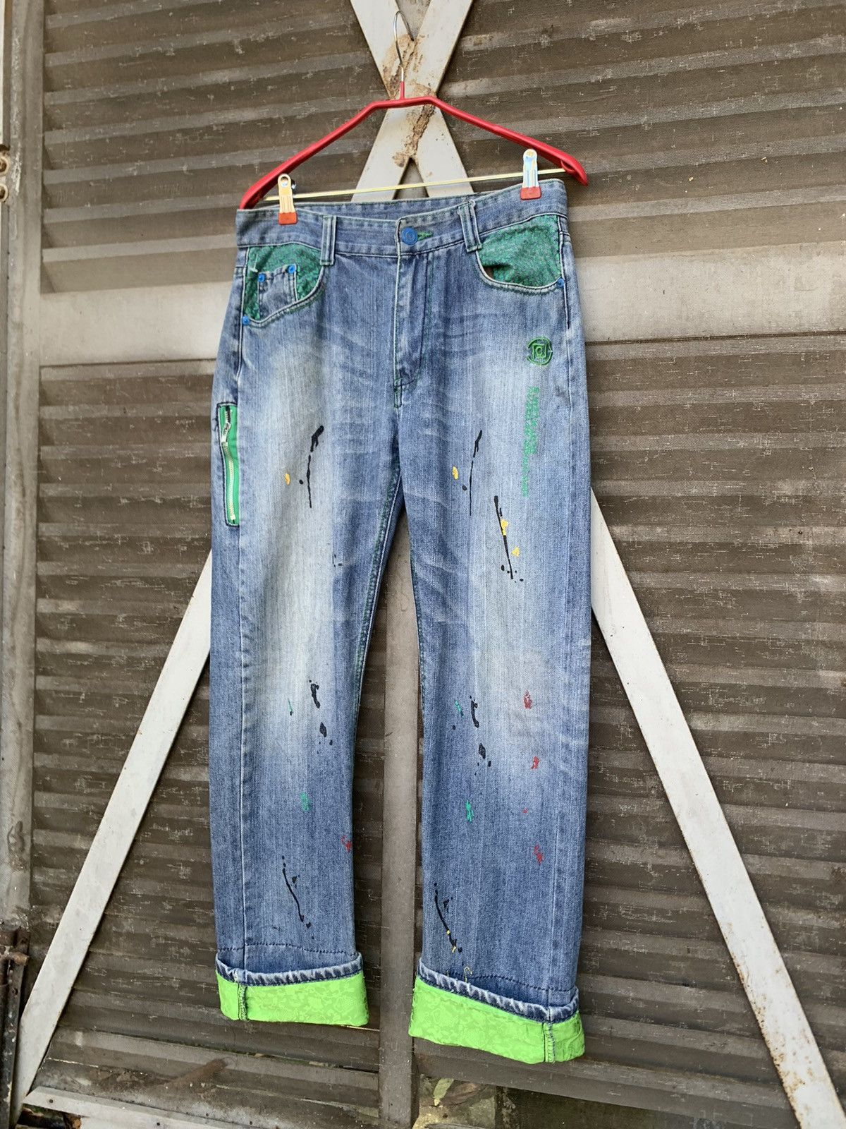 image of Vintage Xsecai Paint Splatters (Koi Fish Lined) Denim Jeans, Men's (Size 30)