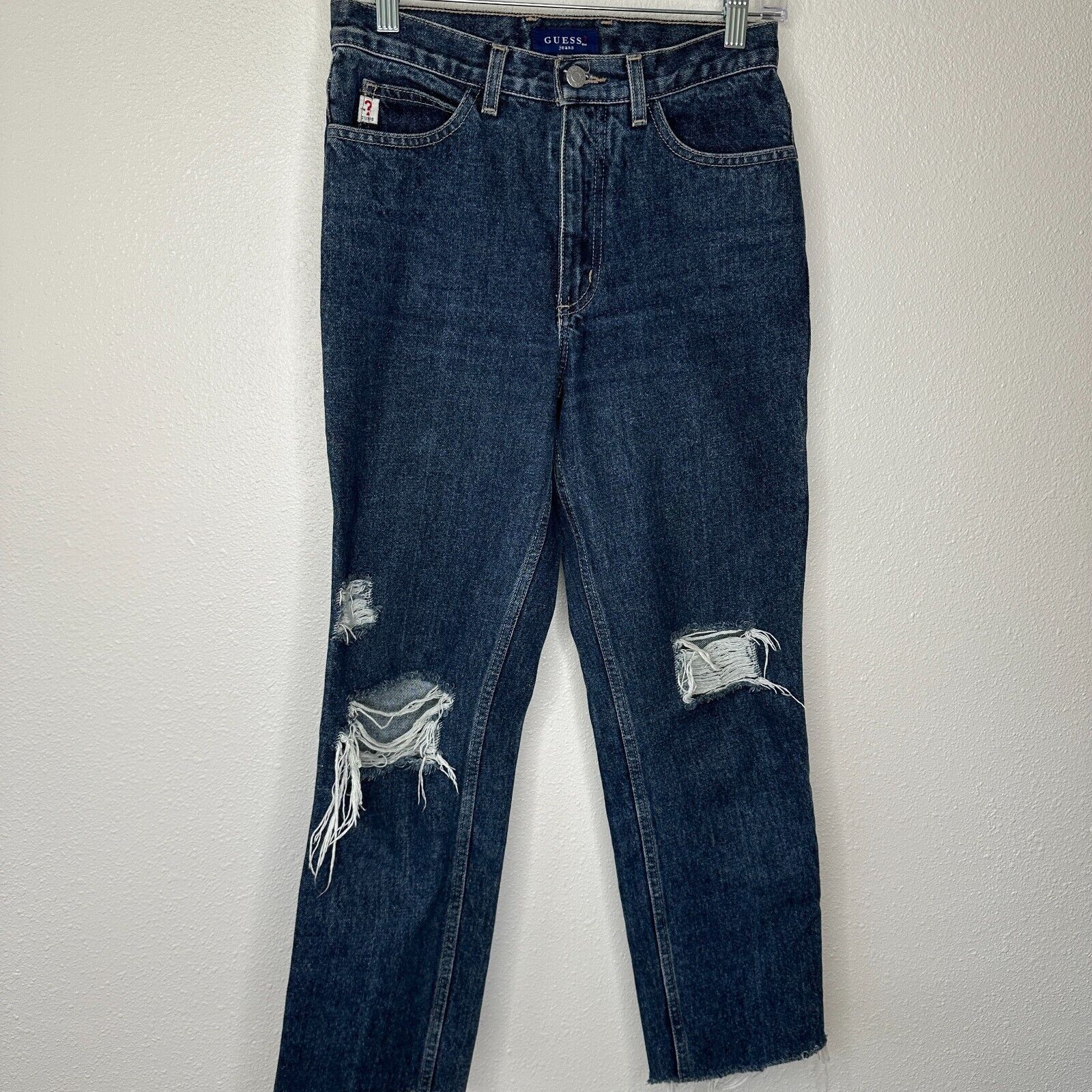 Guess Guess Dark Blue Wash Distressed Slim Leg Raw Hem Denim Jeans Size 28" / US 6 / IT 42 - 16 Thumbnail
