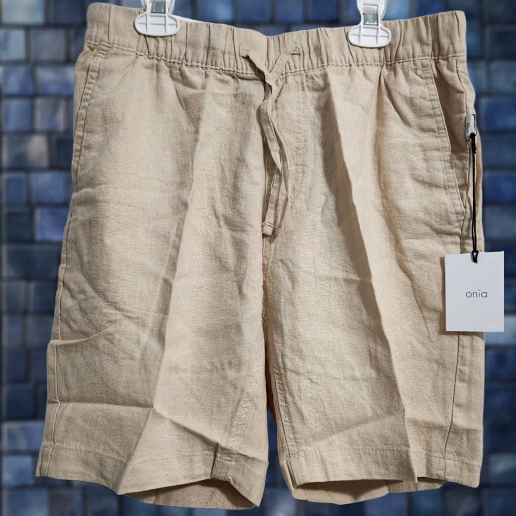 Onia Onia Mens S Air Linen Shorts Chambray Tan Pockets Elastic Waist Pull On Size US 29 - 1 Thumbnail