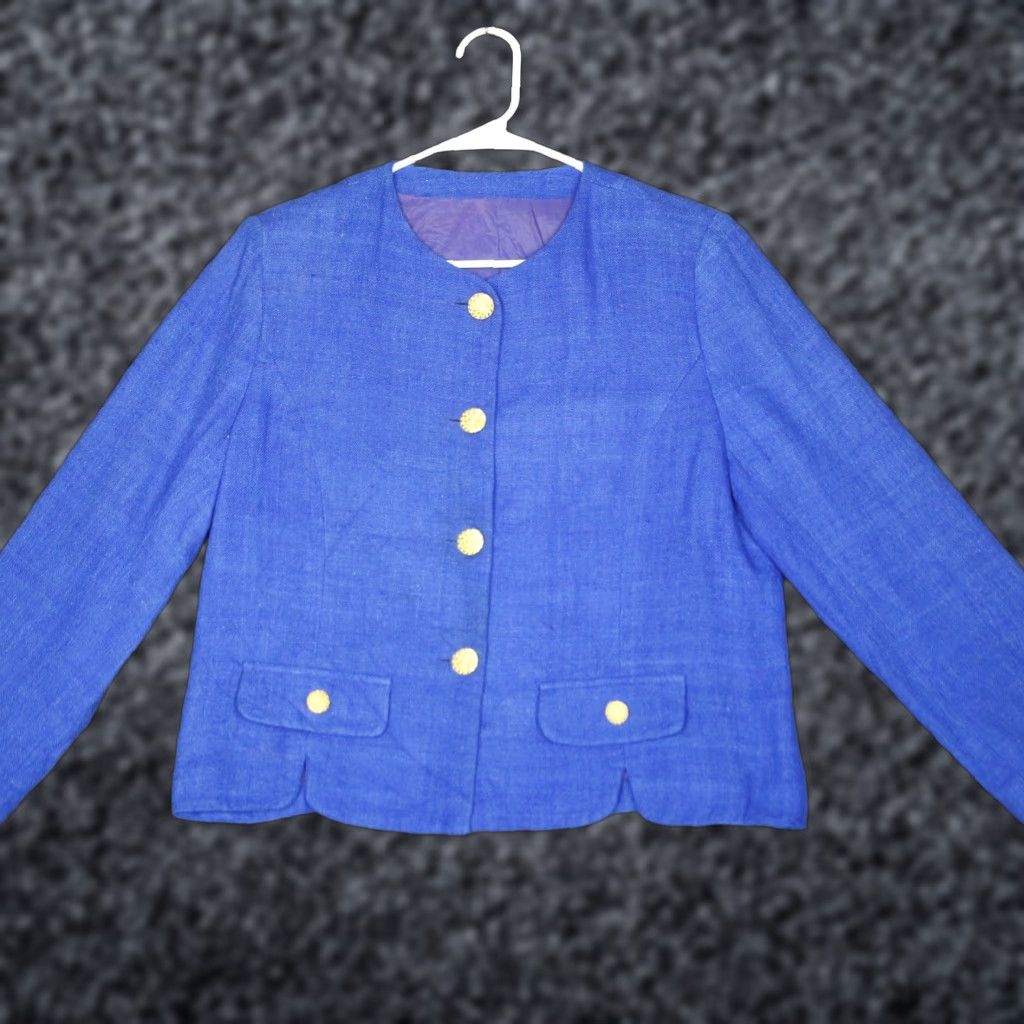 Vintage VINTAGE Gever Originals Women's Blazer Jacket Blue Tweed Gold Button Pockets Size M Linen Blend Short Size M / US 6-8 / IT 42-44 - 1 Thumbnail