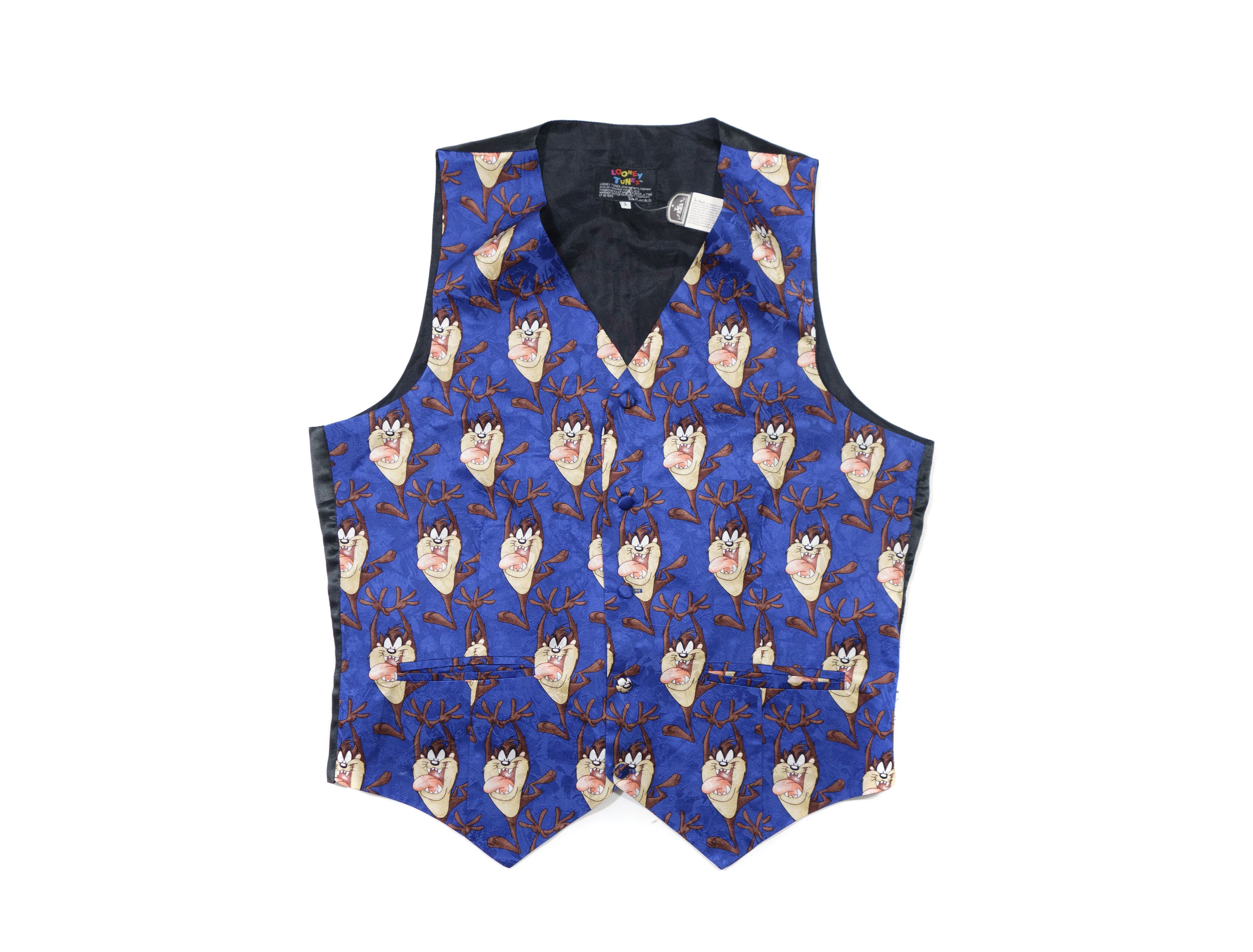 Warner Bros 90s Looney Tunes Taz Devil All Over Print Silk Waistcoat Size 50R - 1 Thumbnail