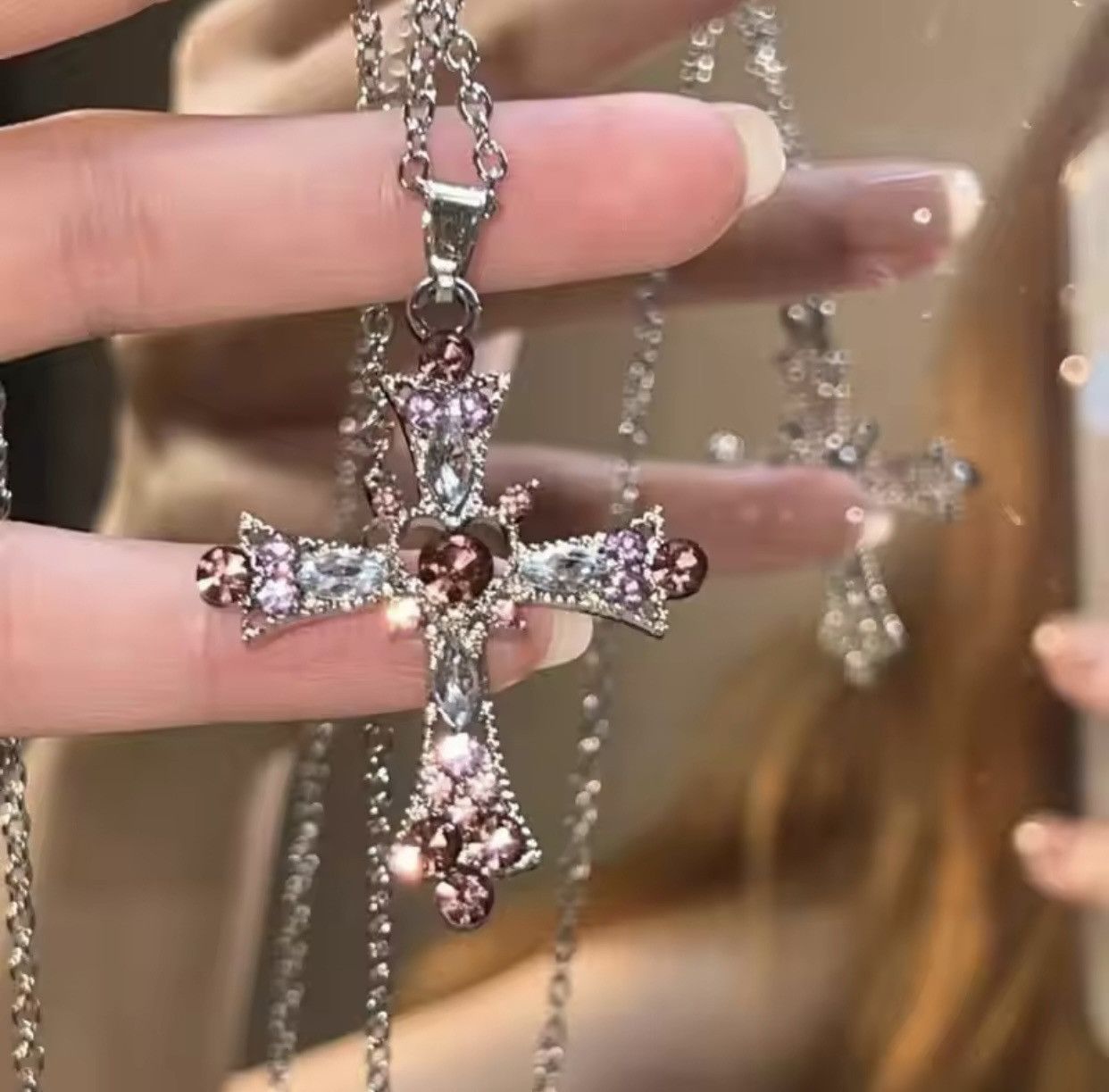 Jewelry Y2K Cross Necklace Punk Gothic Crystal Chain Size ONE SIZE - 1 Thumbnail