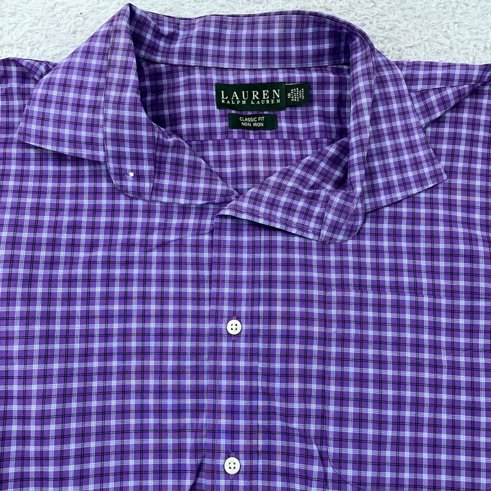 Ralph Lauren Lauren Ralph Lauren Shirt Mens 18 34/35 Purple Plaid Long Sleeve Non Iron Dress Shirt Size 48R - 2 Thumbnail