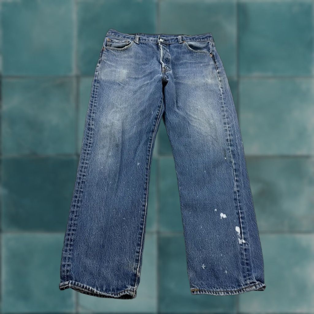 Levi's VINTAGE Levi’s 501 Jeans Men 35x28 Blue Button Jeans Straight Regular 35 Inseam 28 Cotton Denim Bohemian City Festival Grunge Hipster USA Mens Size US 35 - 1 Thumbnail