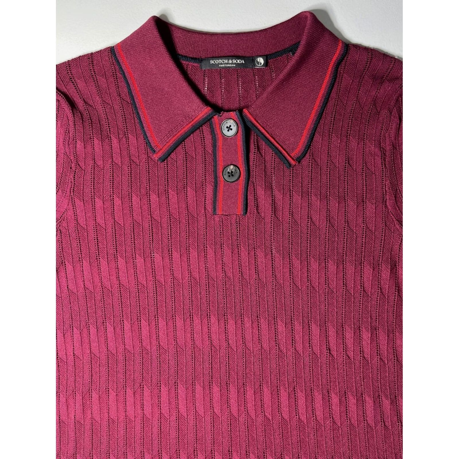 Scotch & Soda Scotch & Soda Women's Polo Shirt Women's Cable Knit Short Sleeve Pullover with Spread Collar Wine M Size M / US 6-8 / IT 42-44 - 4 Thumbnail