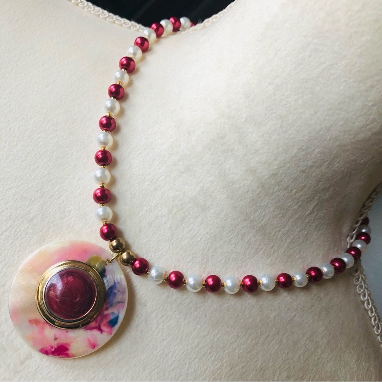 Handmade Handcrafted repurpose painted shell medallion Pearl necklace Size ONE SIZE - 1 Thumbnail