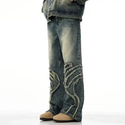 Vintage Blue Graphic Splicing Baggy Jeans