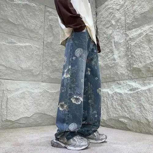 Floral Graphic Straight Leg Wide Leg Denim Jeans