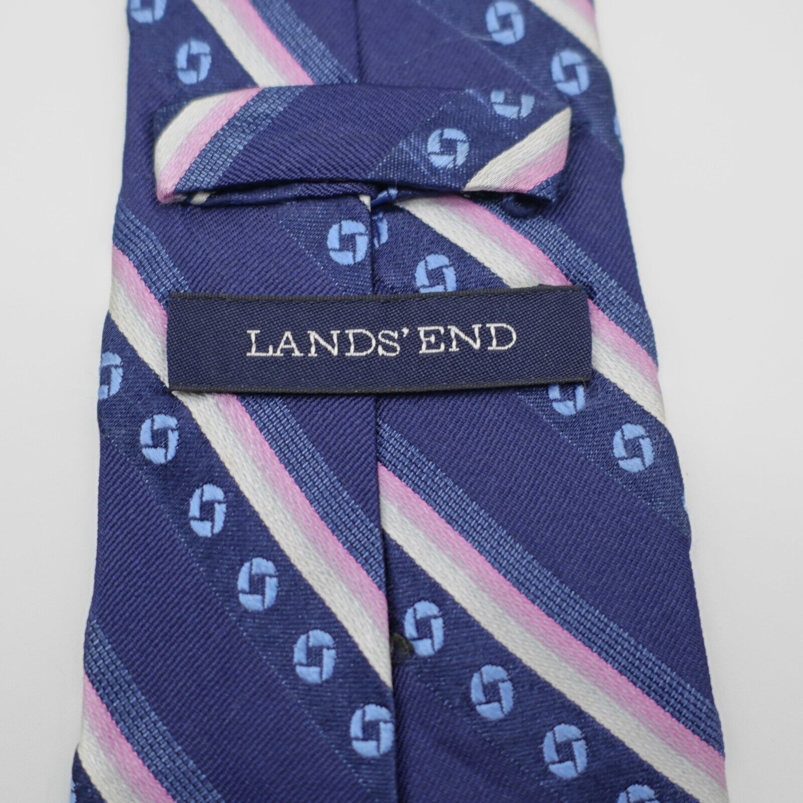 Lands' End Land's End Blue Pink Striped Geometric Woven Long Silk Tie Size ONE SIZE - 3 Thumbnail